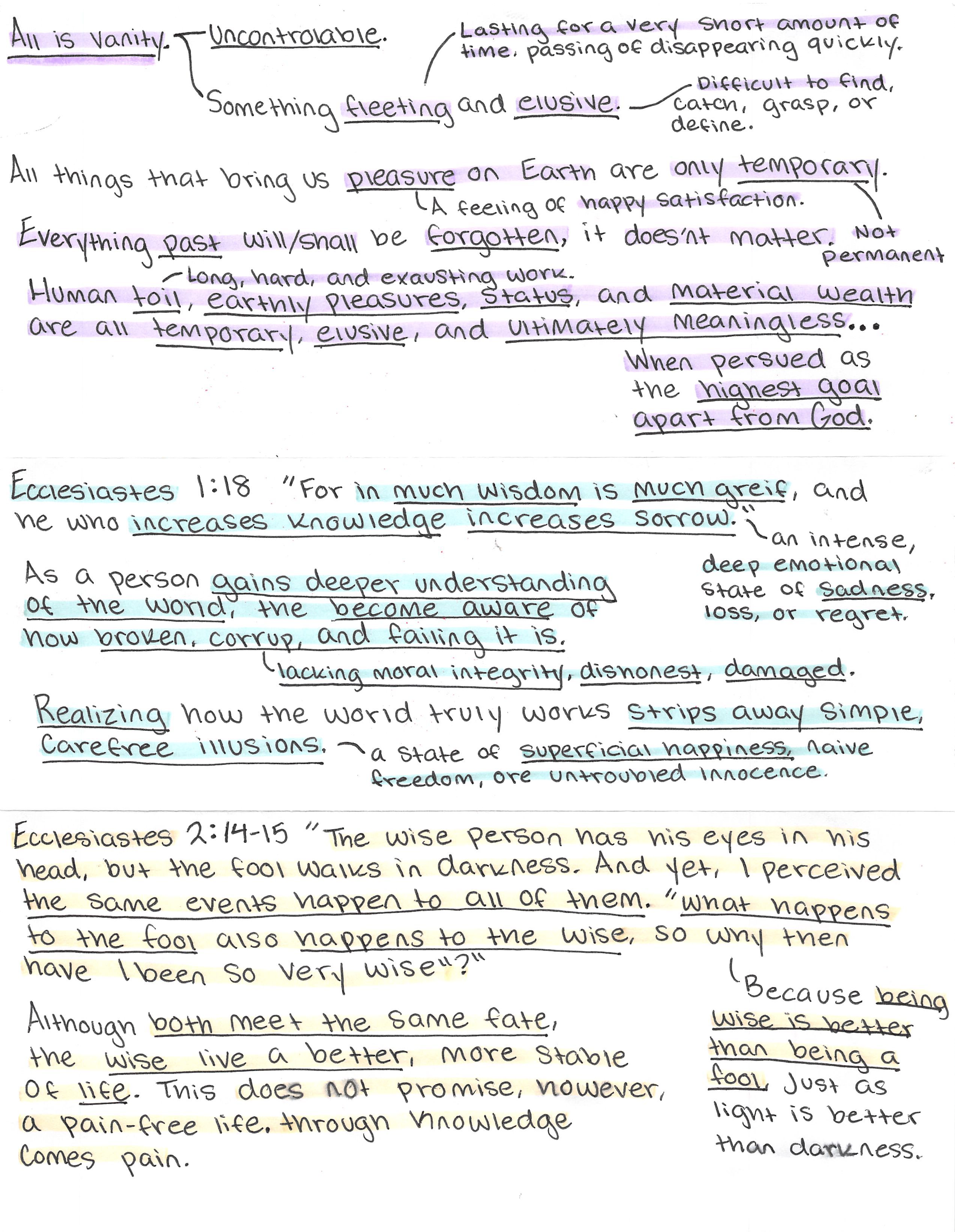 Handwritten notes on Ecclesiastes 1–2, page 1